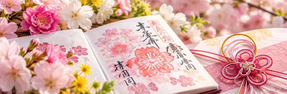 花をあしらった御朱印帳と水引飾りのイメージ画像